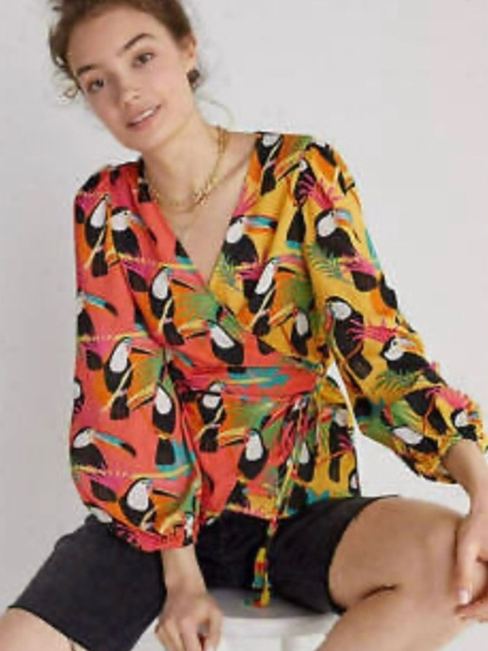 FARM Rio for Anthropologie Toucan Print Wrap Blouse - EUC- XL